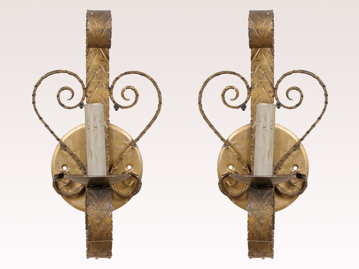 Spanish Pair of Gold Single Light Sconces