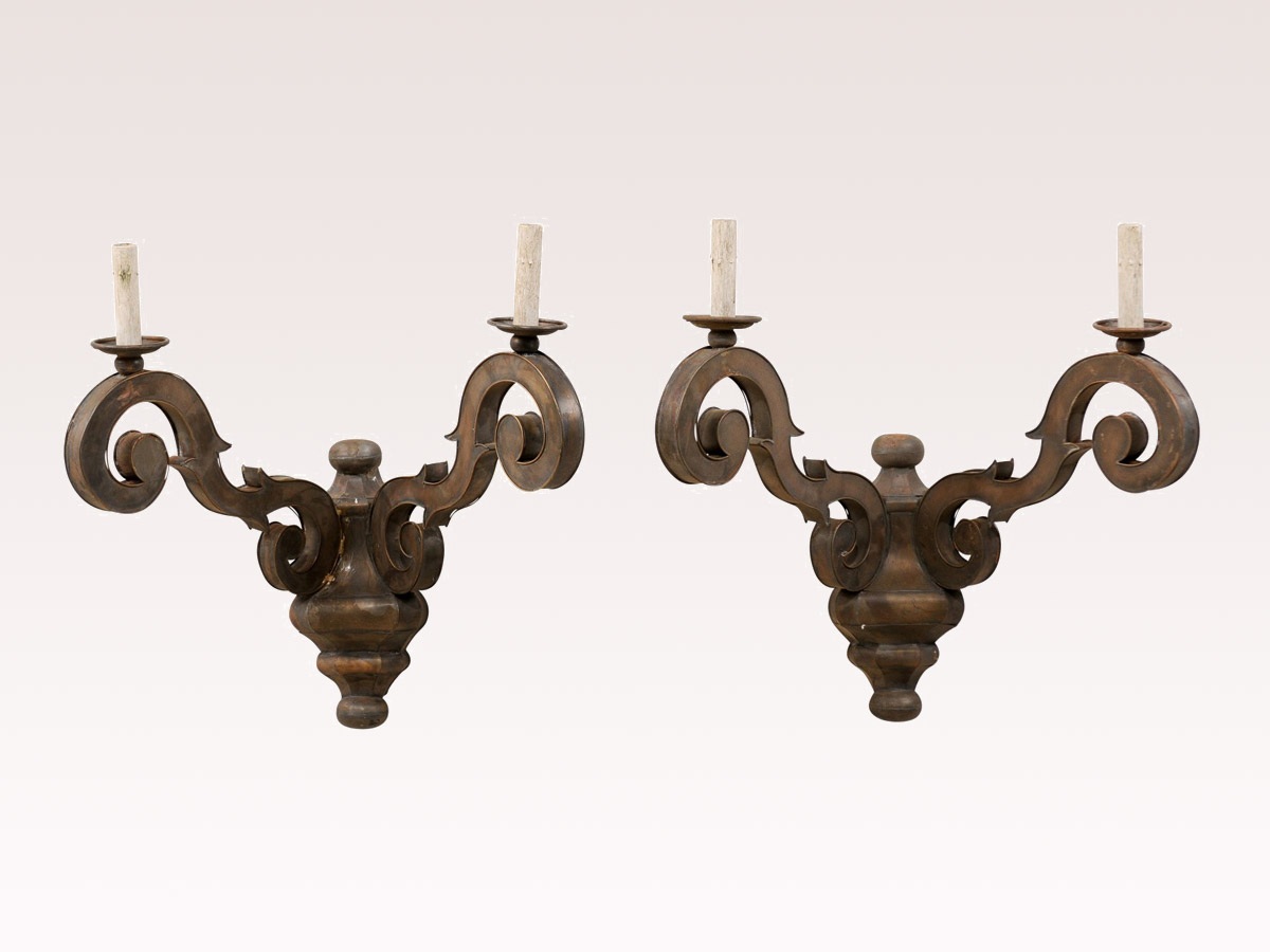 Pair Artisan Crafted Scrolled Tin Sconces
