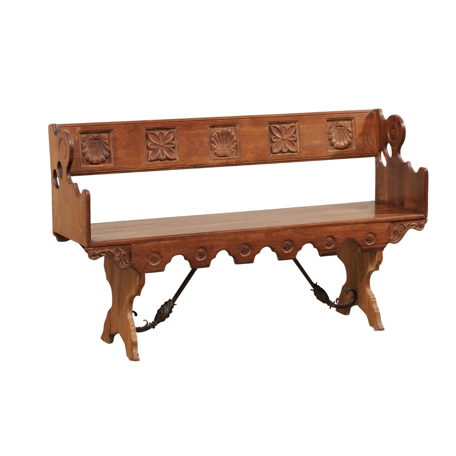Floral/Shell Carved Bench w/Iron Stretcher 
