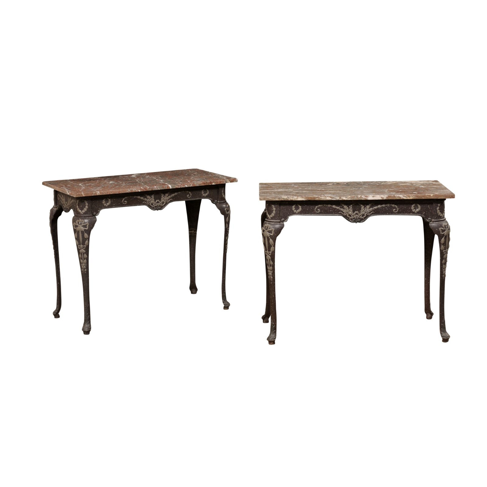 French Neoclassic Iron Tables w/Marble Tops
