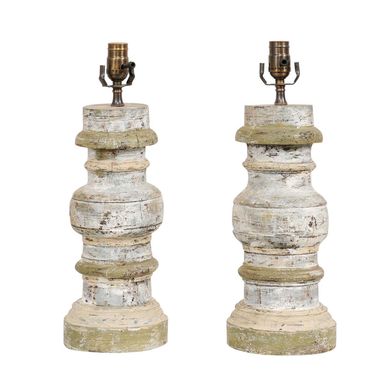 Pair Carved Wood Column Table Lamps