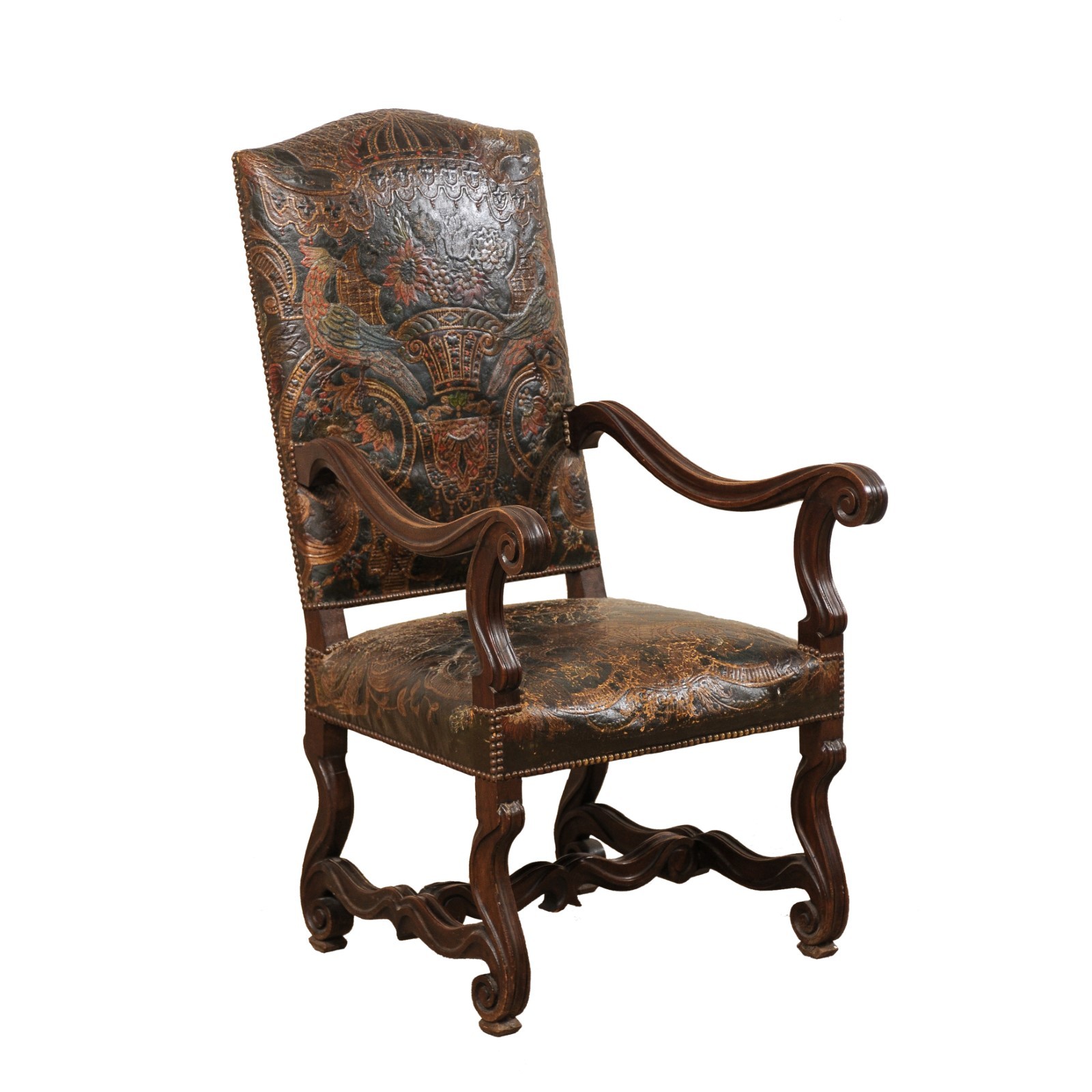 Embossed Leather Carved Wood Chair