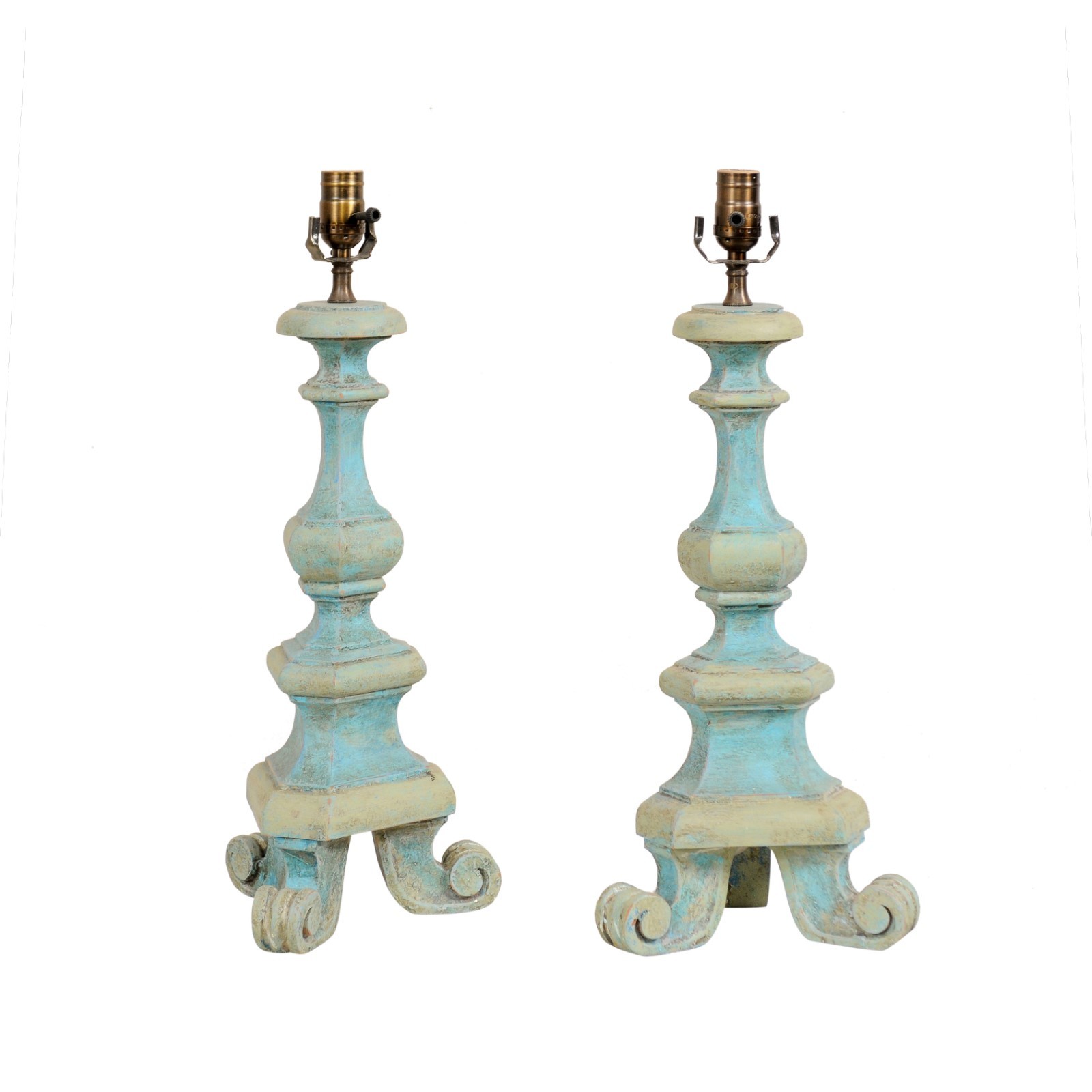 A Pair Candlestick Style Lamps in Turquoise