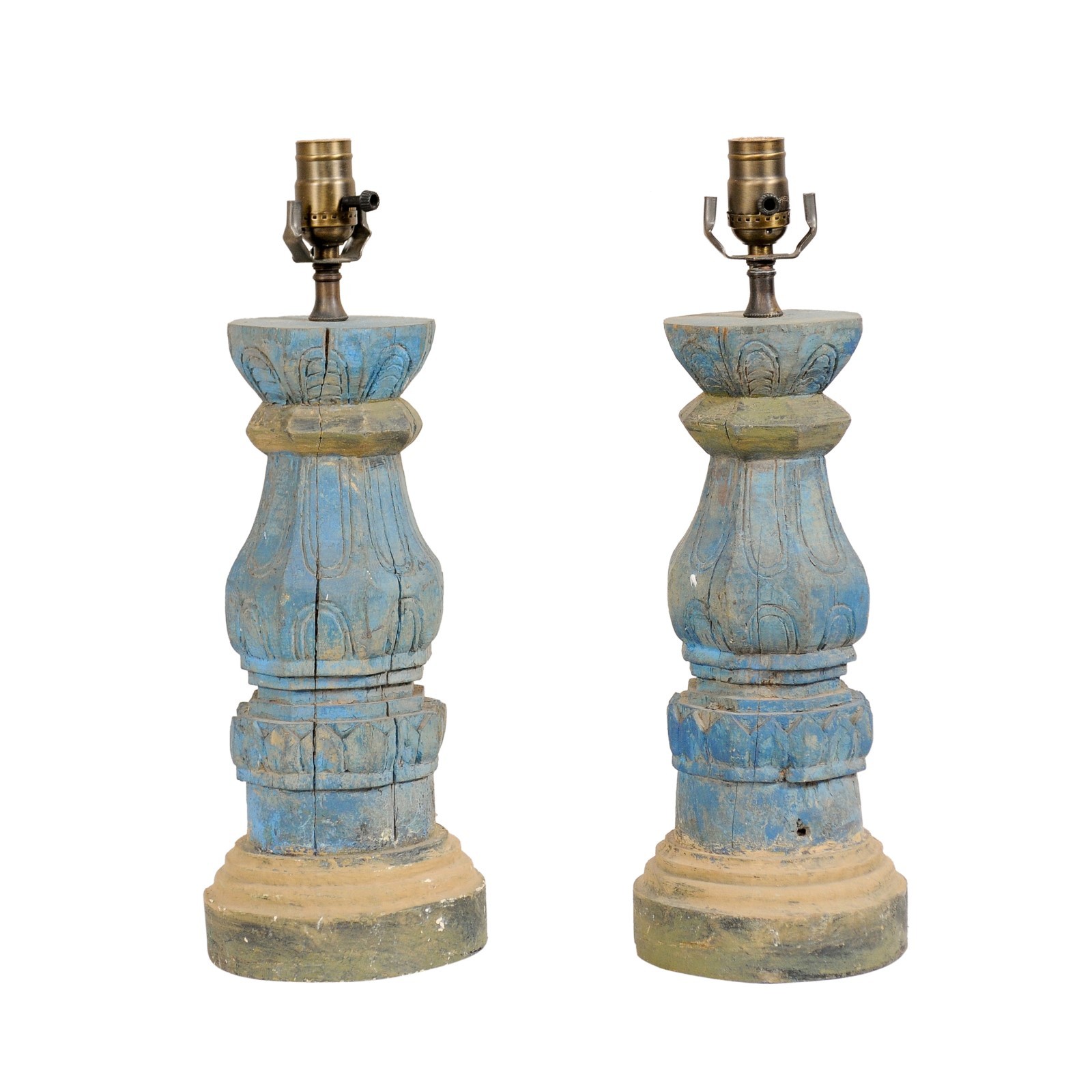 Pair Blue & Taupe Wood Column Table Lamps