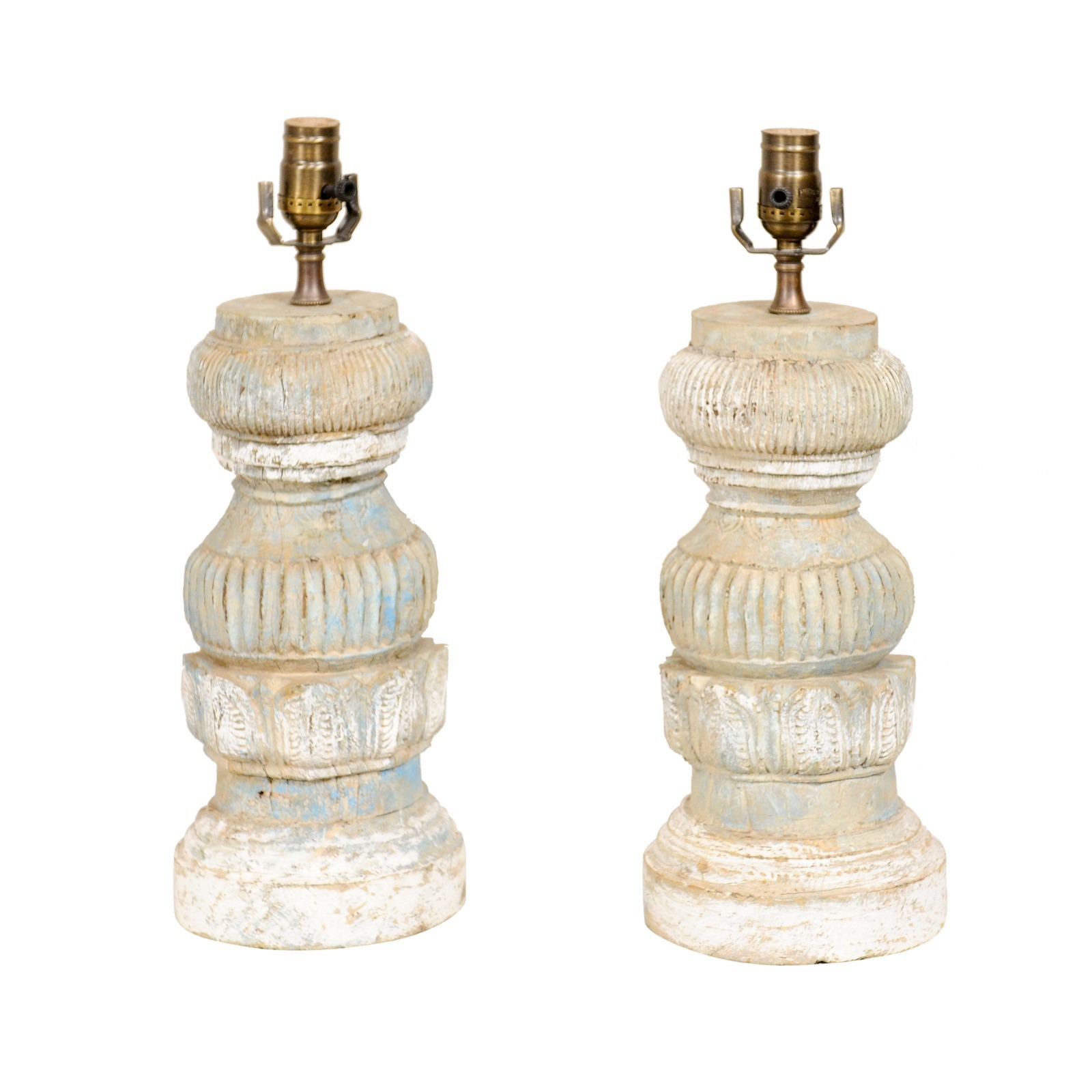 Pair Nicely Carved Wood Column Table Lamps