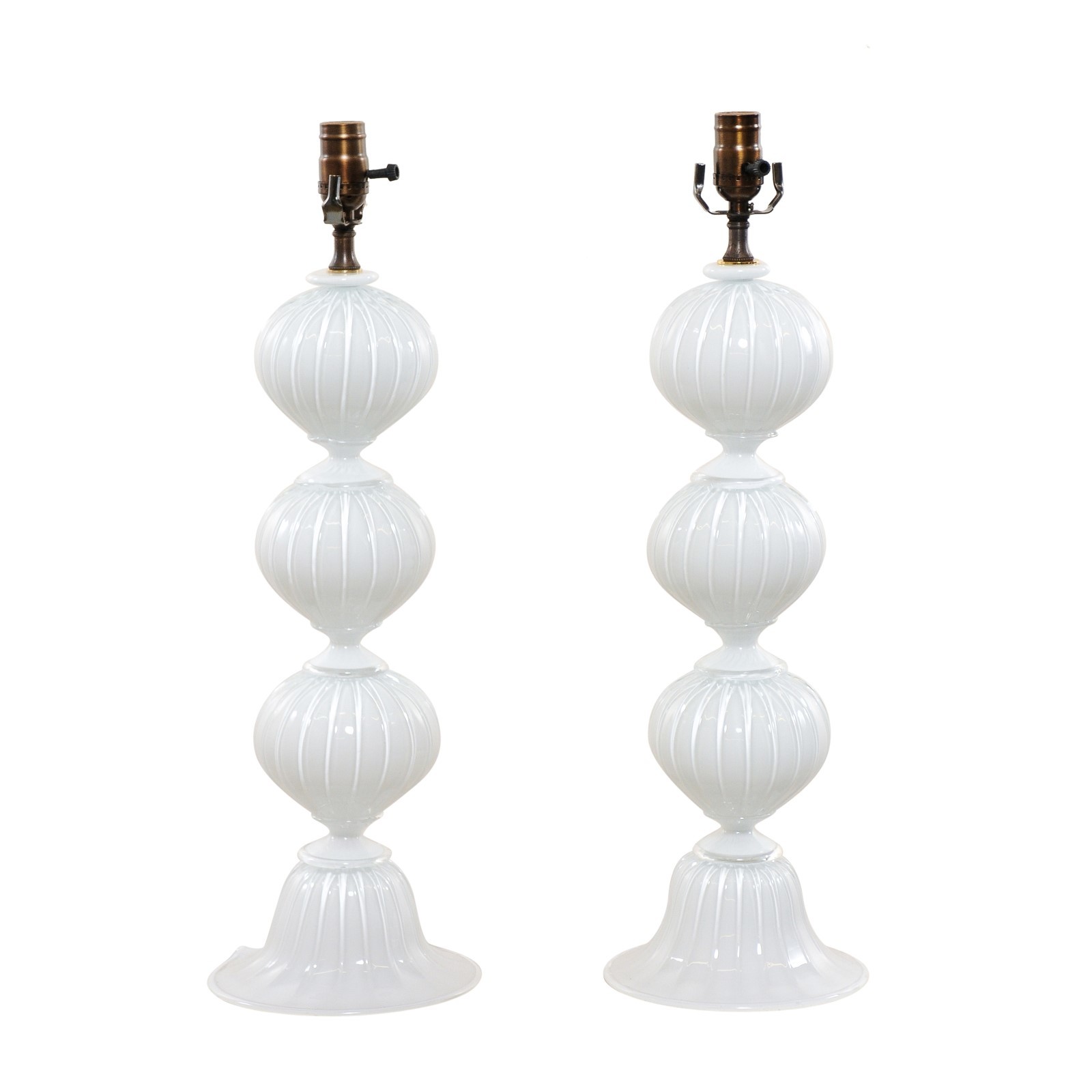 Pair Italian Murano White Glass Table Lamps