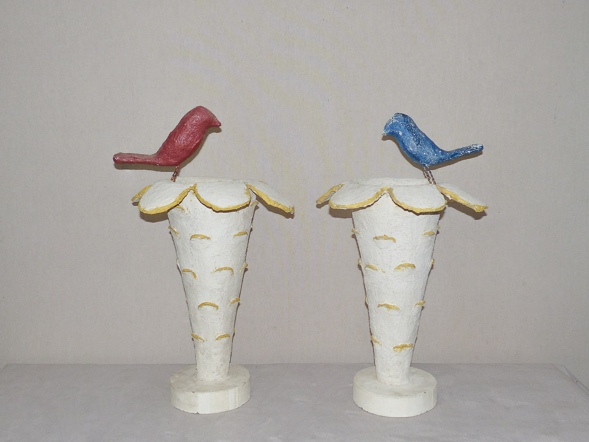 Pair Concrete Vases w/Bird Decorations
