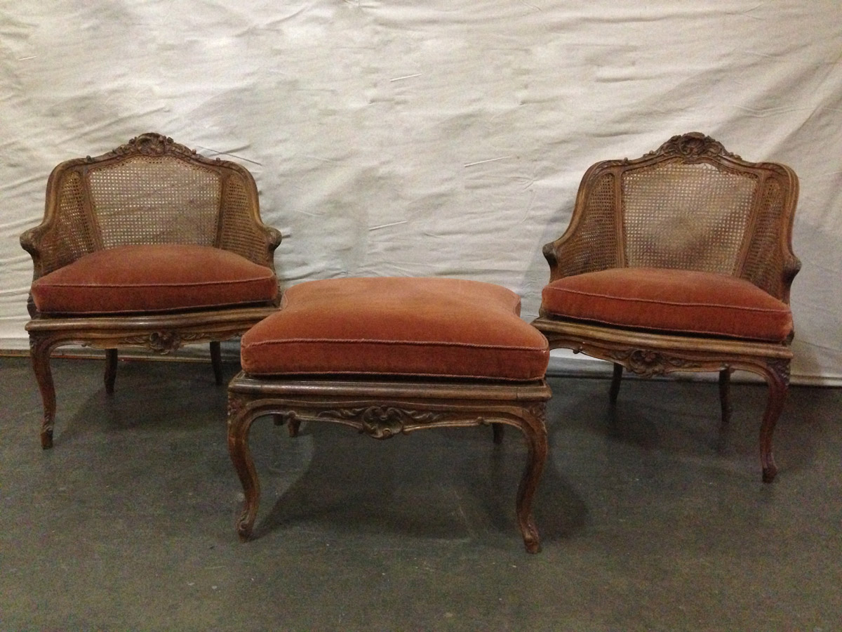 Pair Louis XV Style Chairs & Ottoman 