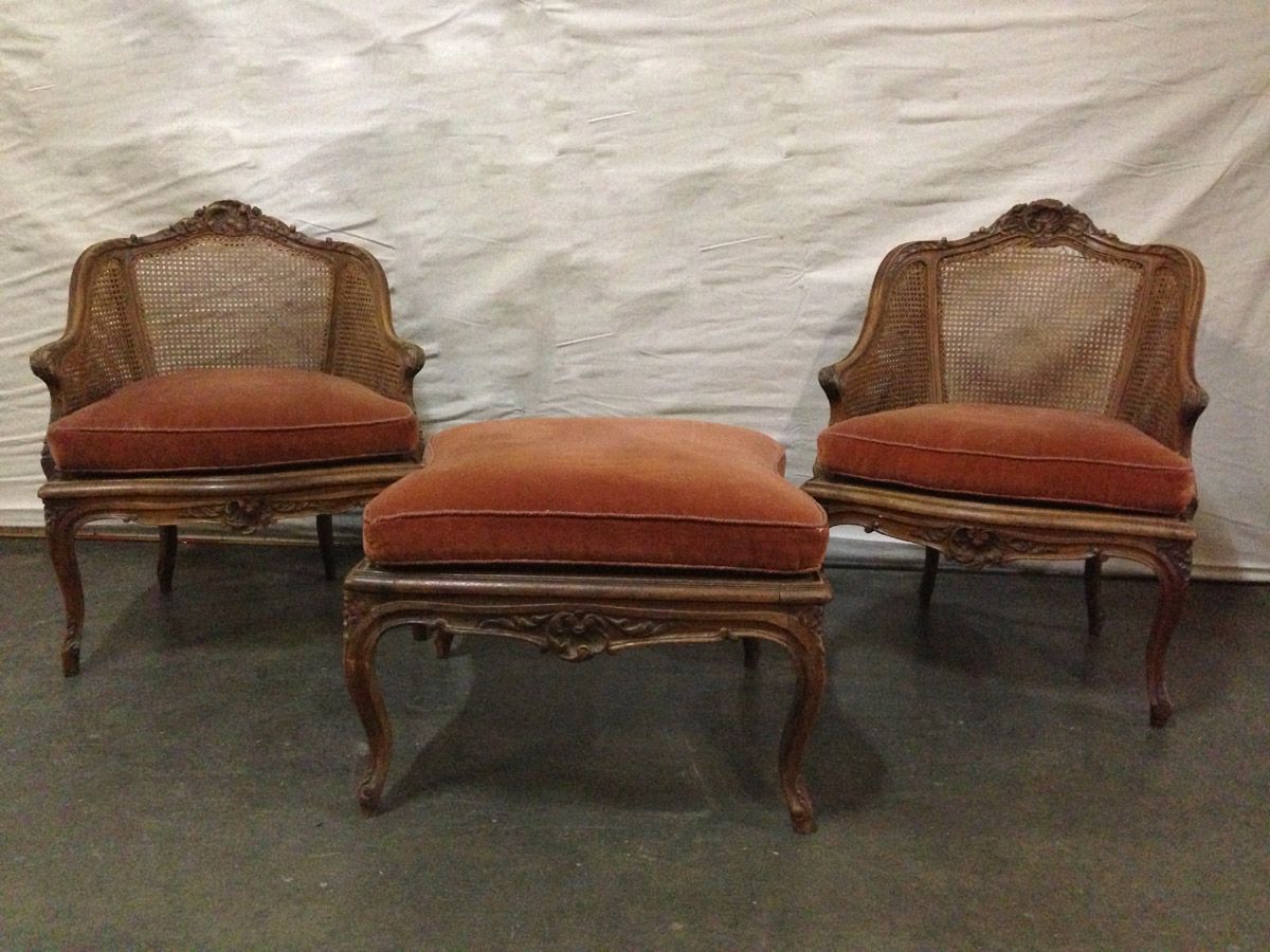 Pair Louis XV Style Chairs & Ottoman