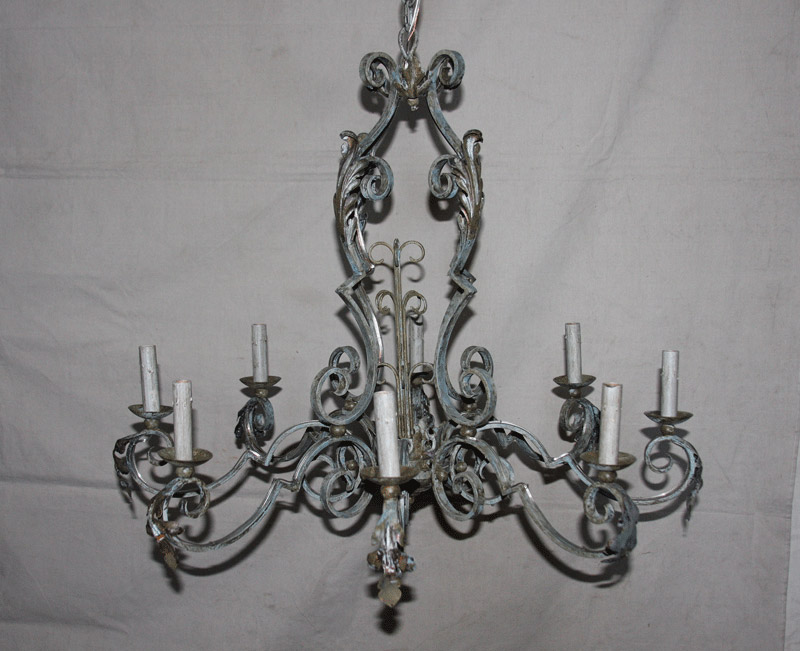 Ornate Eight-Light Iron Chandelier, Rewired