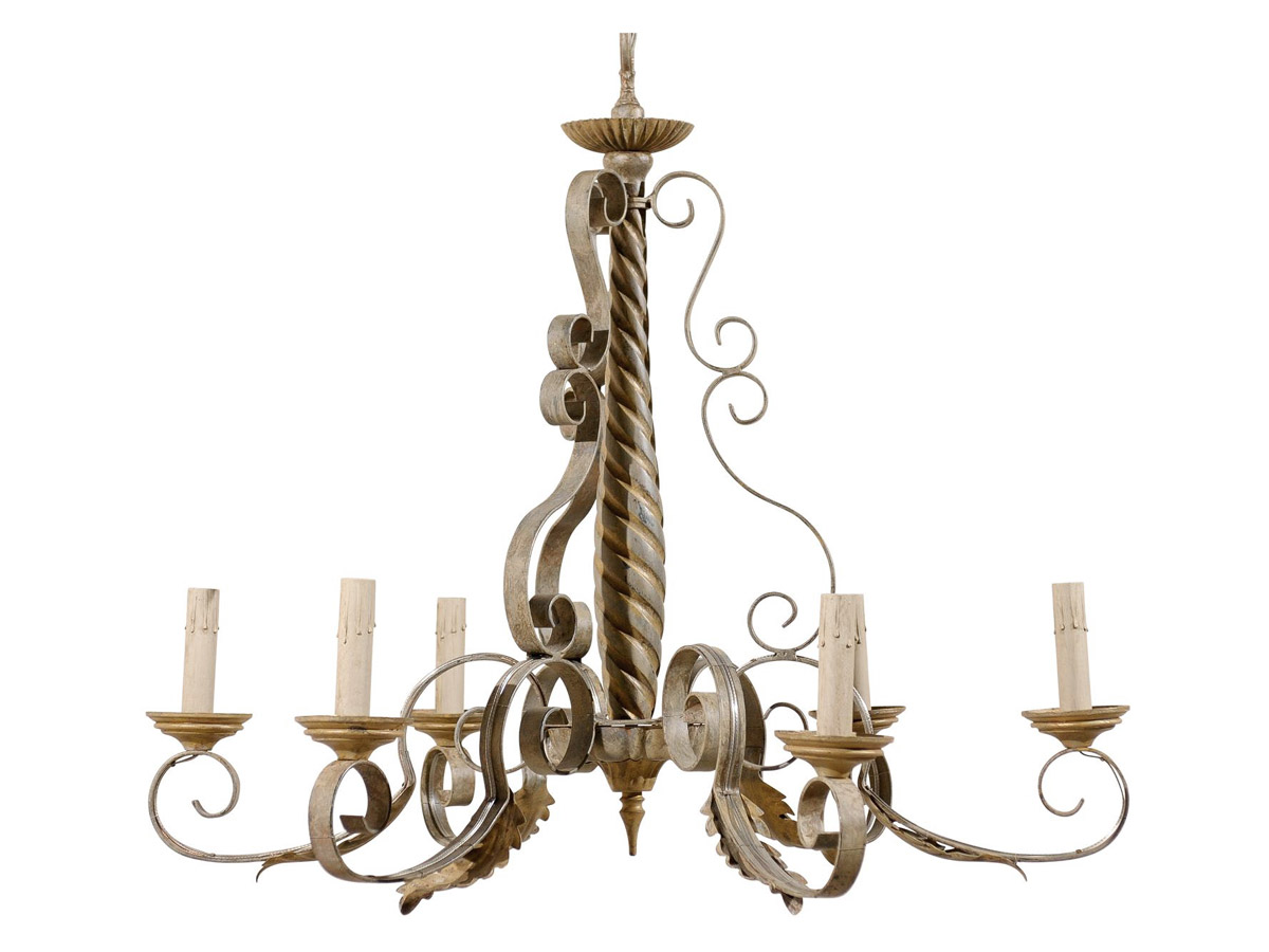 French Six-Light Vintage Painted Chandelier