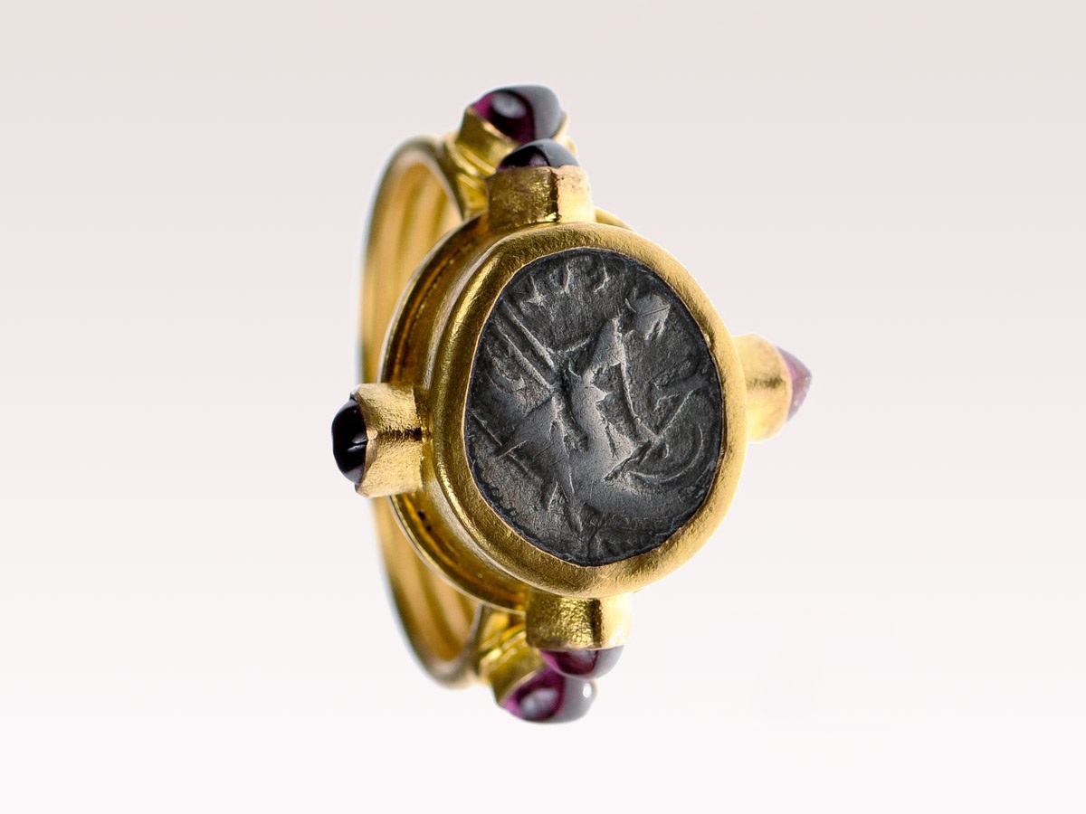 Greek Coin Gold & Ruby Ring