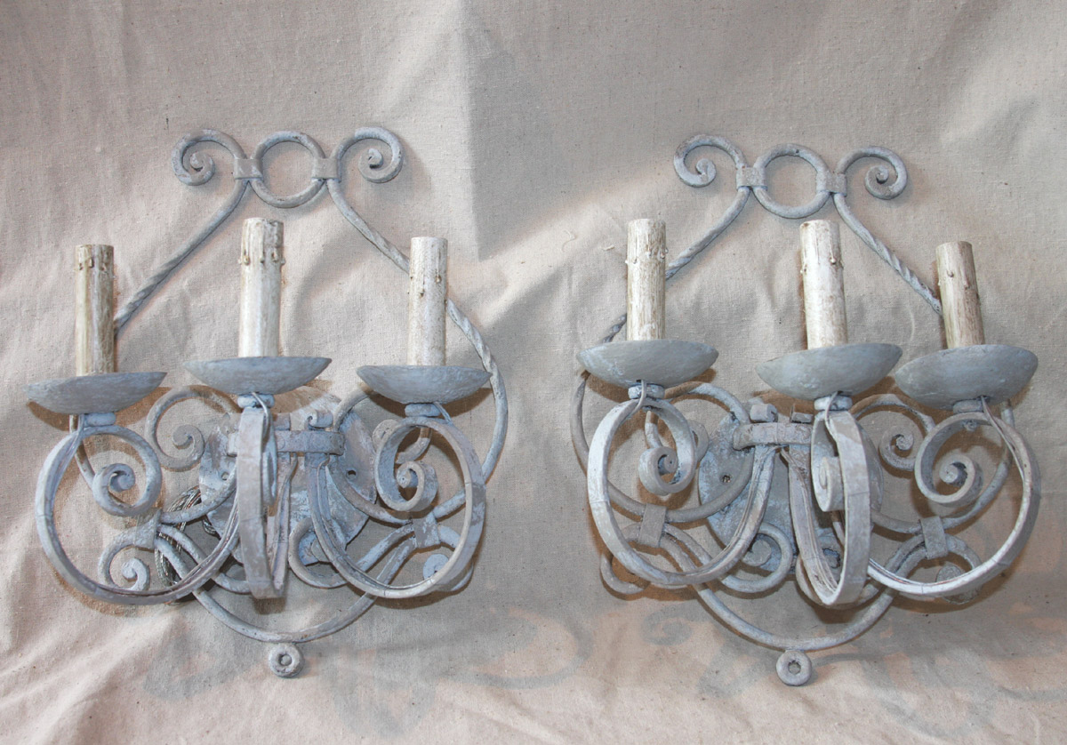 French Scrolled & Painted Iron Sconces