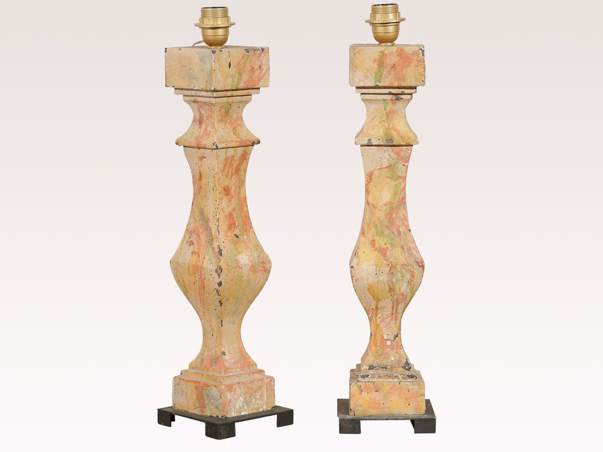 Pair Wood Baluster Lamps on Metal Stands